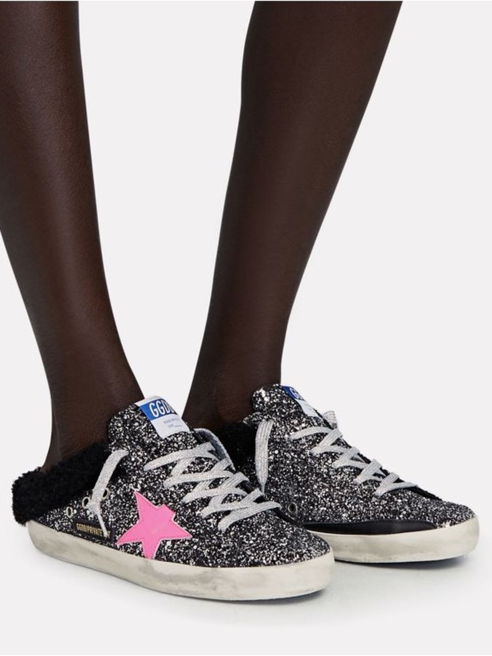 Golden Goose Super-Star Shearling sabot slip on Sneakers black/Silver Glitter 39